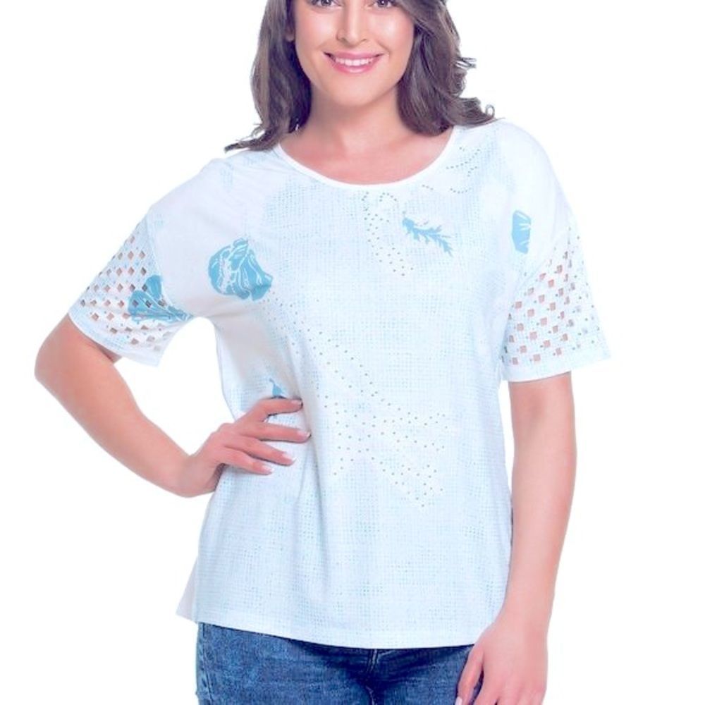 Tops & Plus Elsa Blue Breeze top bamboo fabric cut out sleeve detail rhinestone